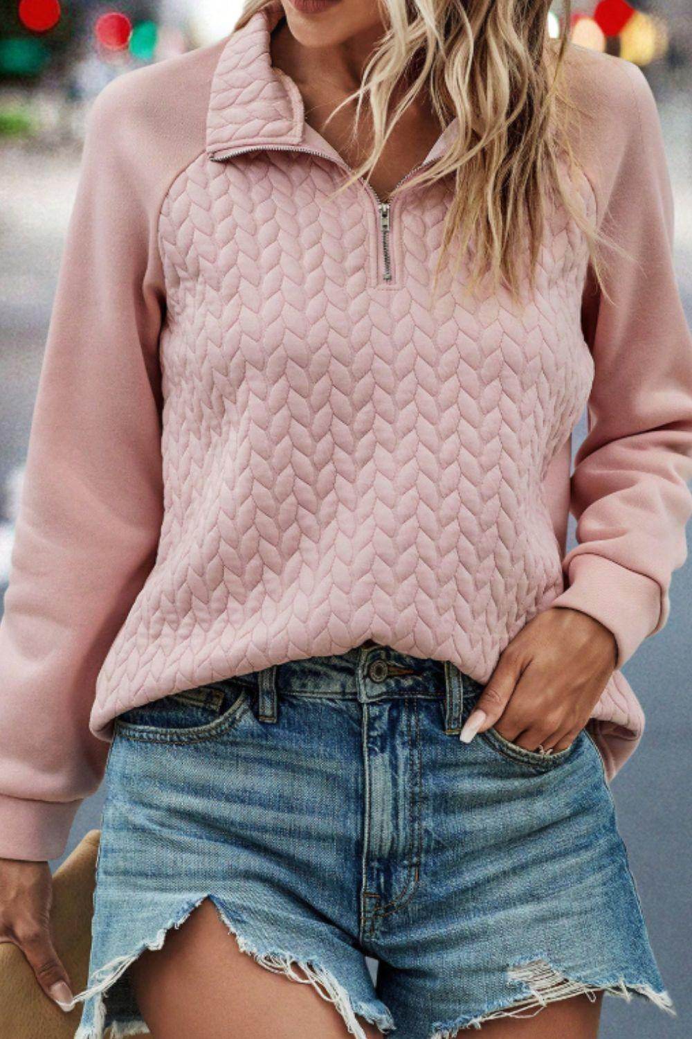 Textured Quarter Zip Long Sleeve Sweatshirt for Women - Selvanelle