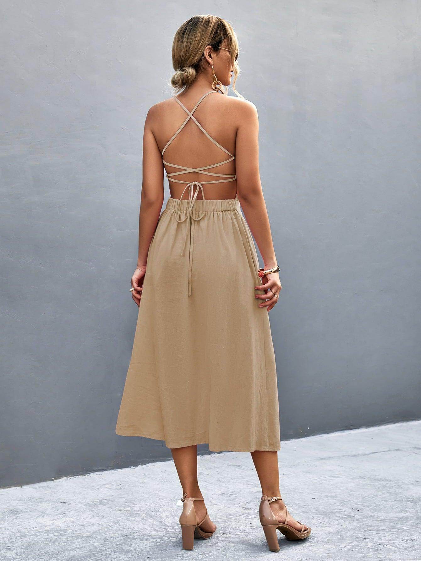 Buttoned Halter Neck Frill Trim Midi Dress for Chic Style - Selvanelle