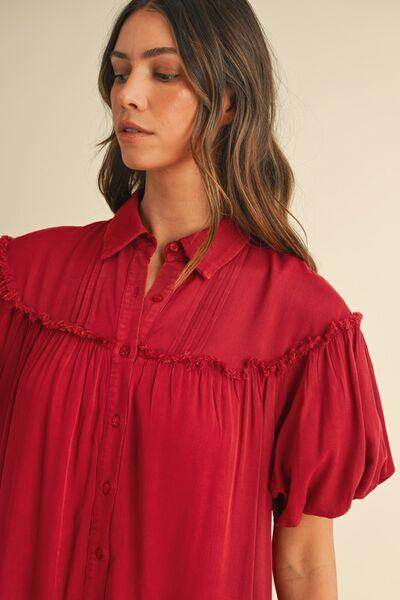 Annie Wear Mineral Washed Button Down Puff Sleeve Shirt Dress - Selvanelle
