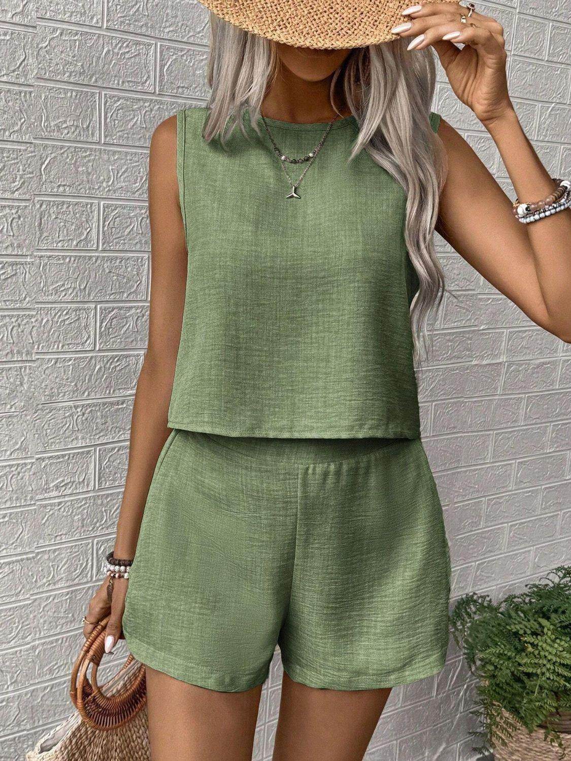 Round Neck Sleeveless Top and Shorts Set for Women - Selvanelle