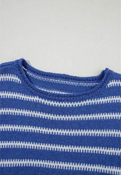 Striped Round Neck Dropped Shoulder Sweater for Women - Selvanelle