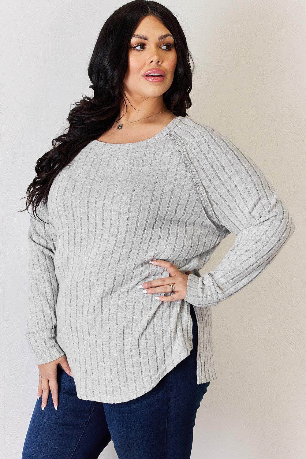 Basic Bae Full Size Ribbed Round Neck Slit T-Shirt for Women - Selvanelle