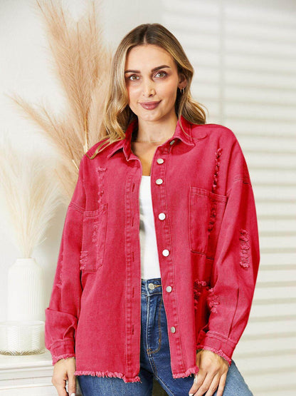 Distressed Raw Hem Denim Jacket for Relaxed Fit Style - Selvanelle