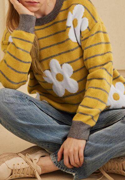 Flower Stripe Round Neck Long Sleeve Sweater for Women - Selvanelle