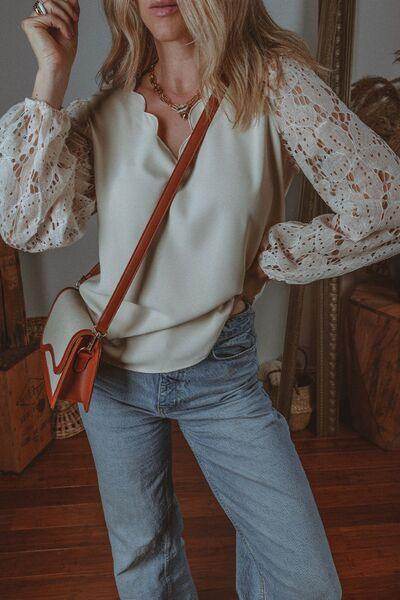 V Neck Lace Balloon Sleeve Blouse for Stylish Women - Selvanelle