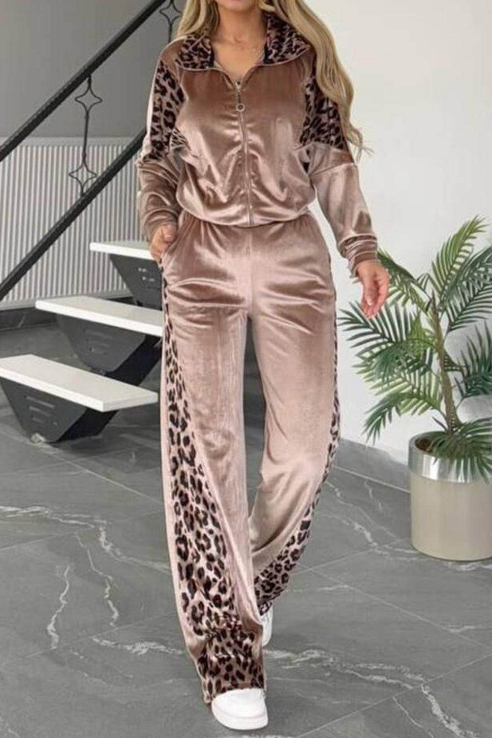 Full Size Collared Neck Leopard Zip Up Top and Pants Set Plus Size - Selvanelle
