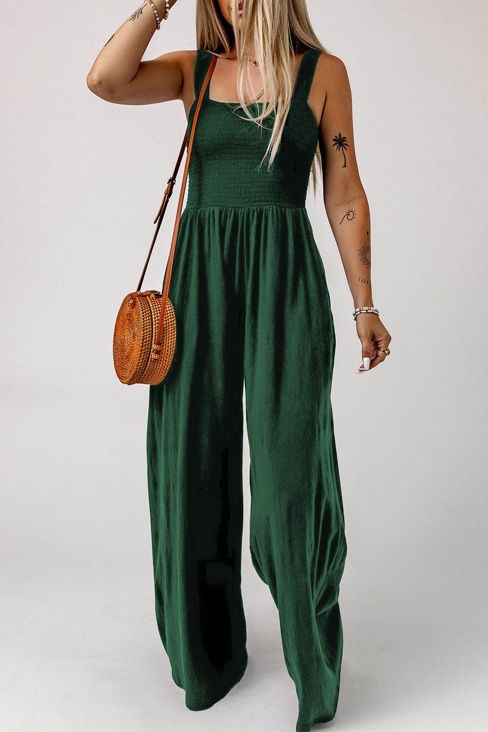 Smocked Square Neck Wide Leg Jumpsuit with Pockets - Selvanelle
