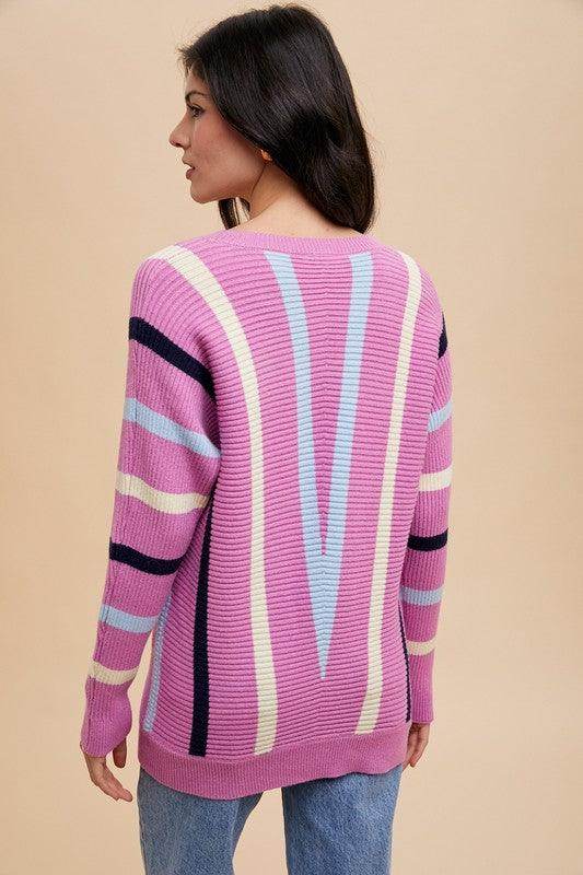 Annie Wear Chevron Stripe Round Neck Ribbed Sweater for Women - Selvanelle
