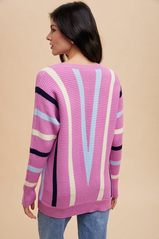 Annie Wear Chevron Stripe Round Neck Ribbed Sweater for Women