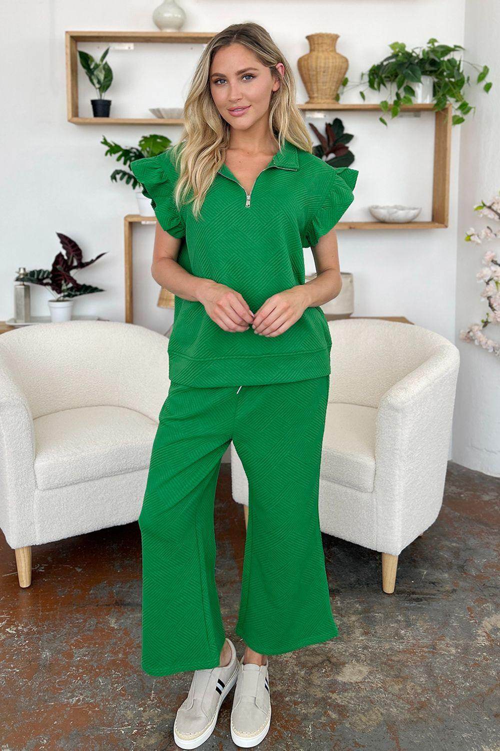 Double Take Texture Ruffle Short Sleeve Top and Pants Set - Selvanelle