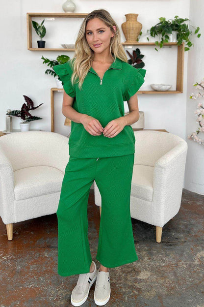Double Take Texture Ruffle Short Sleeve Top and Pants Set - Selvanelle