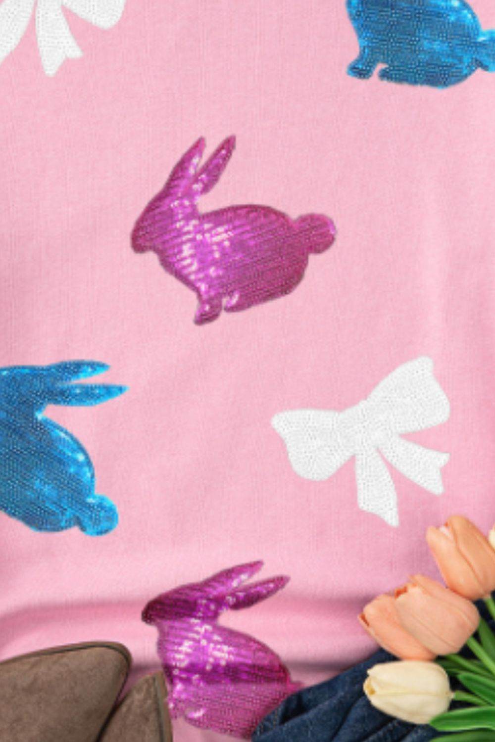 Easter Bunny Bow Knot Sequined Sweatshirt - Selvanelle