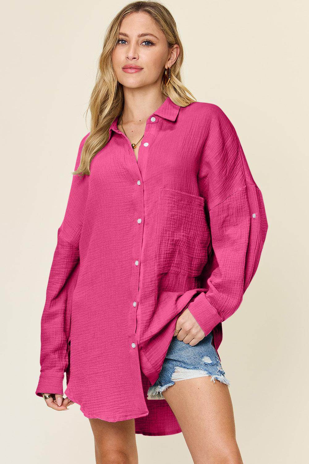 Double Take Full Size Pocketed Texture Button Up Shirt - Selvanelle