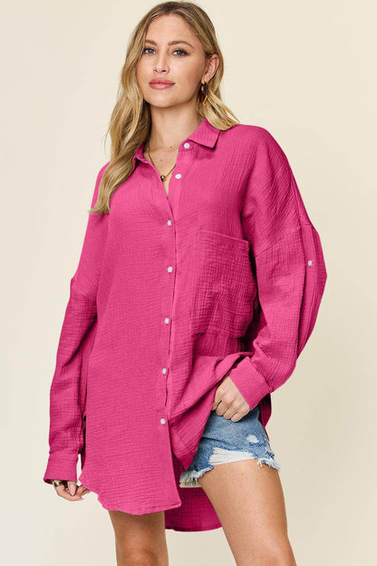 Double Take Full Size Pocketed Texture Button Up Shirt - Selvanelle