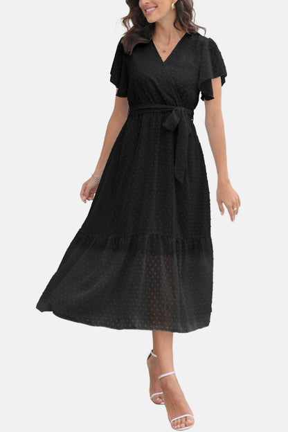Surplice Neck Flutter Sleeve Tied Dress for Chic Style - Selvanelle