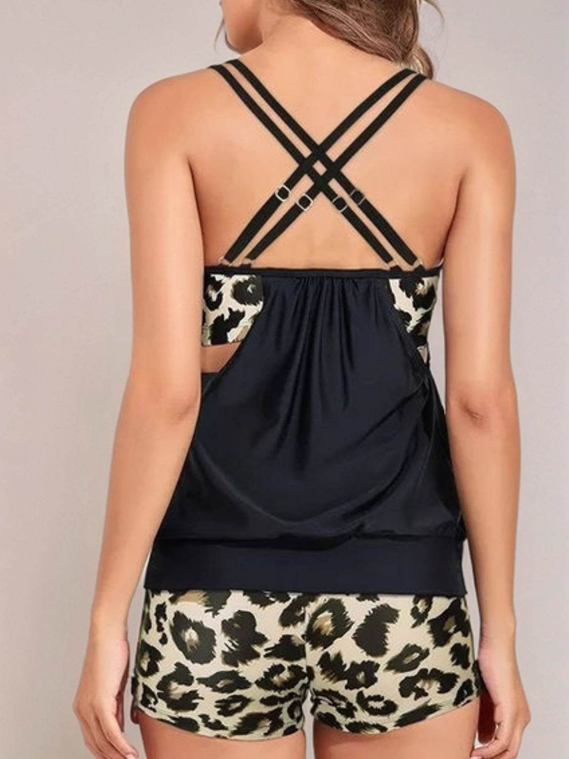 Crisscross Leopard Scoop Neck Two-Piece Swim Set - Selvanelle