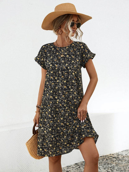 Frill Floral Round Neck Short Sleeve Tiered Dress - Selvanelle