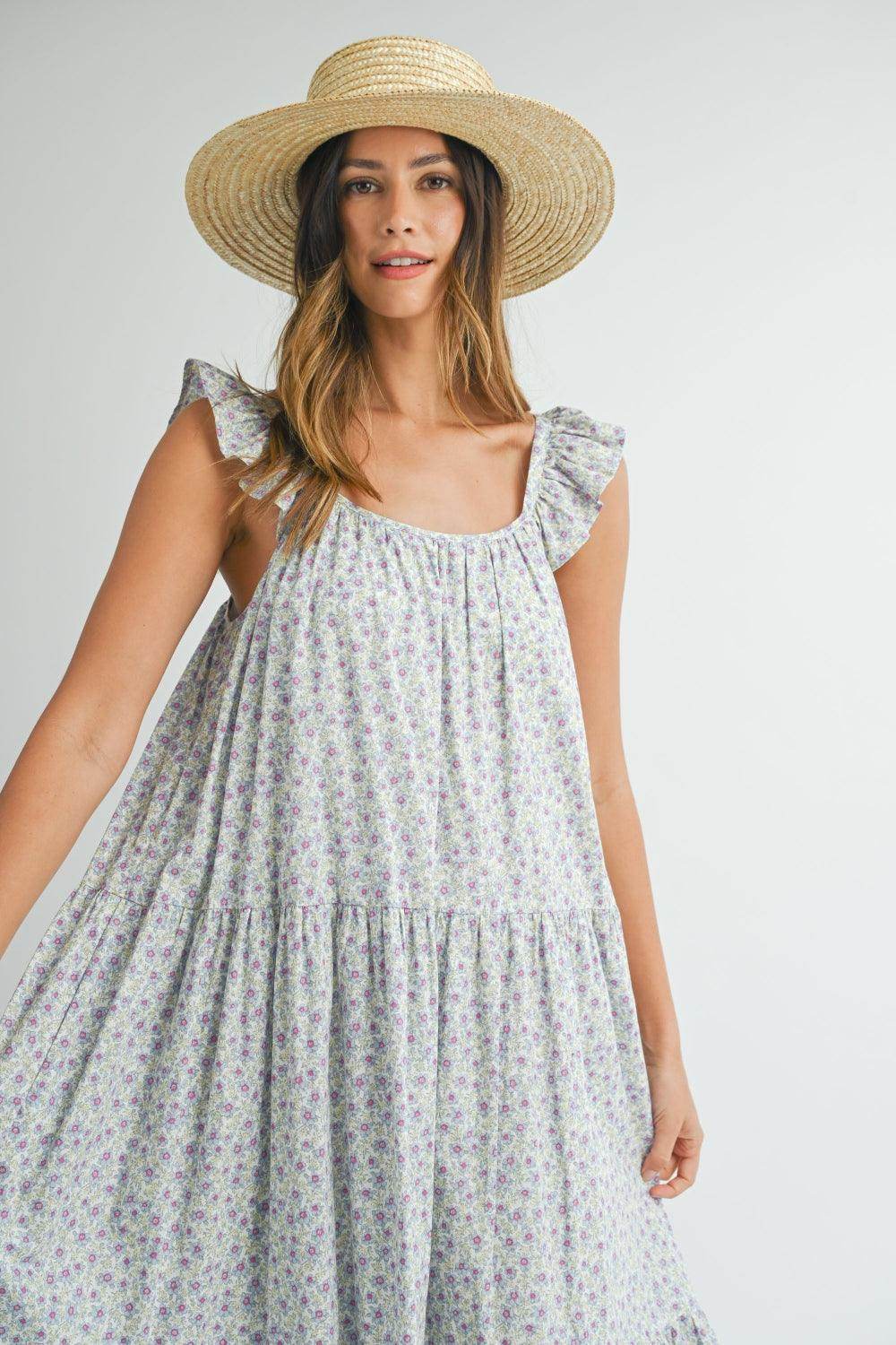 MABLE Floral Ruffle Shoulder Tiered Midi Dress for Women - Selvanelle