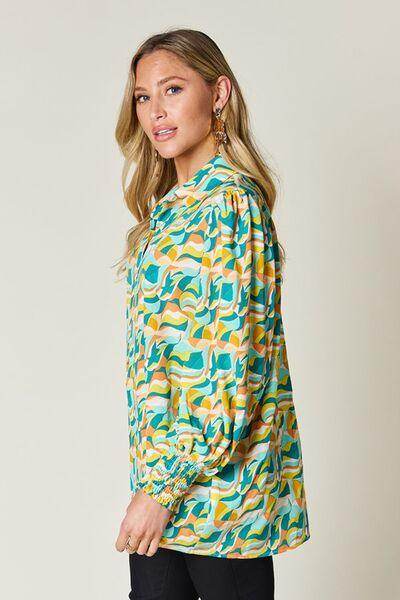 Double Take Full Size Printed Smocked Long Sleeve Blouse - Selvanelle