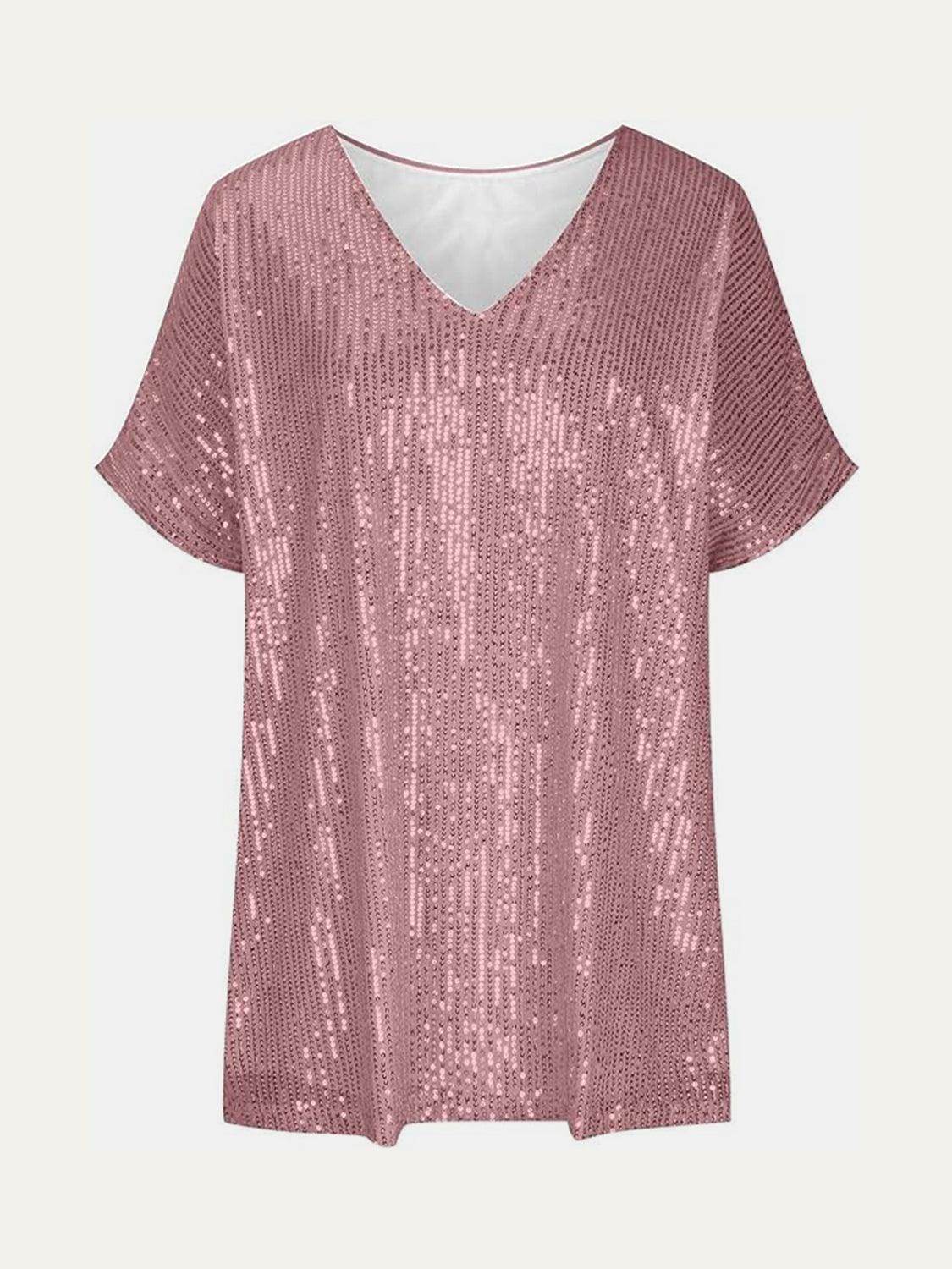 Full Size Sequin V-Neck Short Sleeve Top for Women - Selvanelle