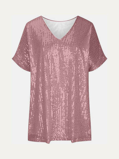 Full Size Sequin V-Neck Short Sleeve Top for Women - Selvanelle