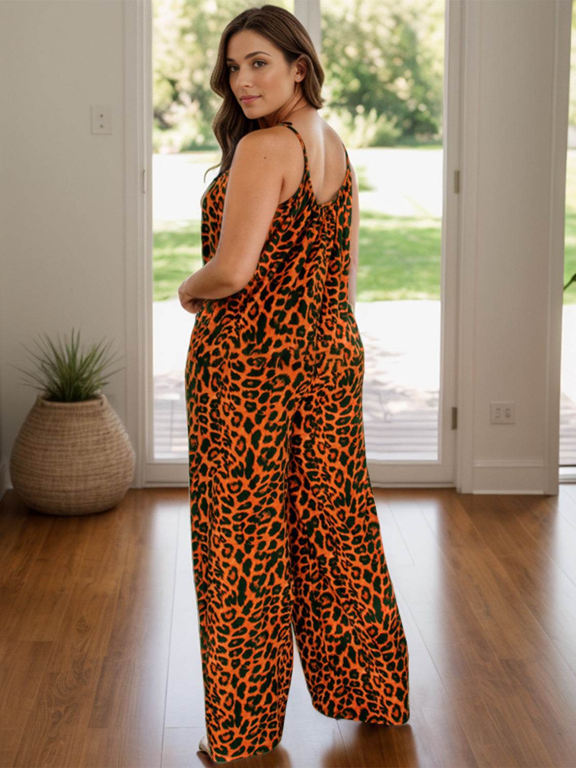 Full Size Leopard Scoop Neck Wide Leg Jumpsuit - Selvanelle