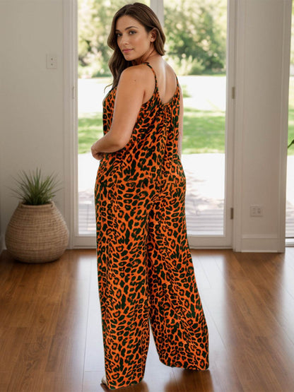 Full Size Leopard Scoop Neck Wide Leg Jumpsuit - Selvanelle