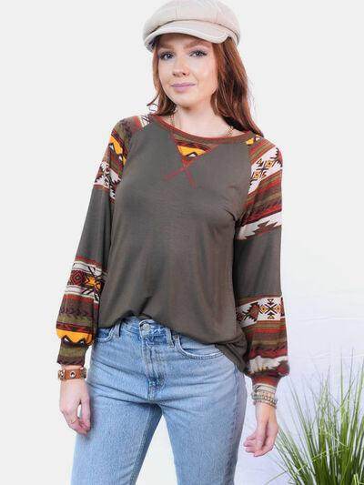 Celeste Full Size Geometric Round Neck Long Sleeve Top - Selvanelle