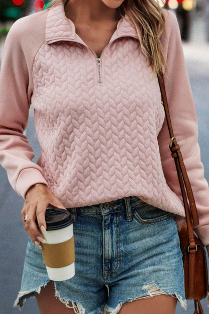 Textured Quarter Zip Long Sleeve Sweatshirt for Women - Selvanelle