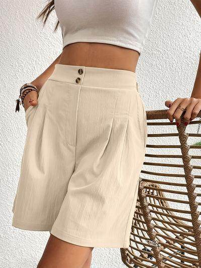 Pocketed Half Elastic Waist Shorts with Side Pockets - Selvanelle