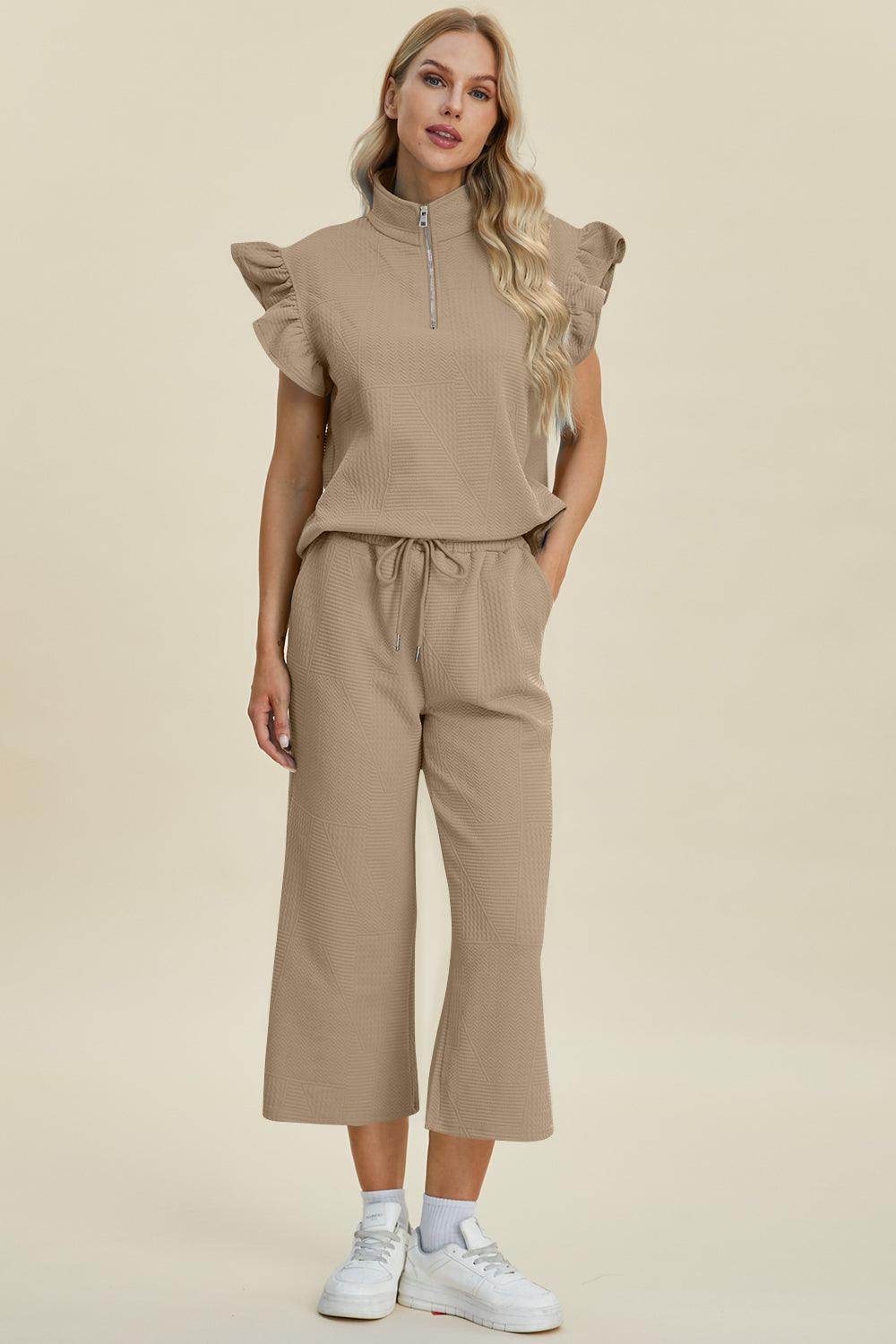 Double Take Full Size Texture Ruffle Top and Pants Set - Selvanelle