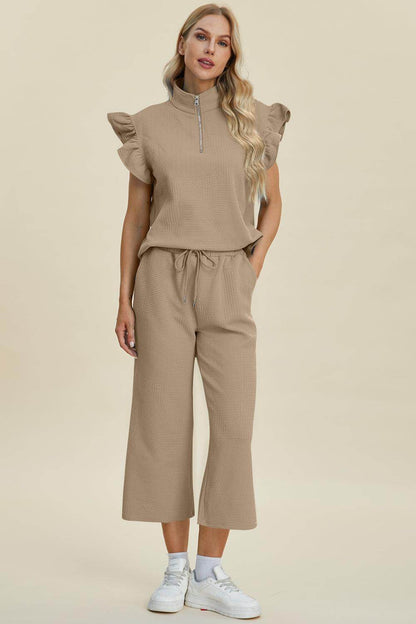 Double Take Full Size Texture Ruffle Top and Pants Set - Selvanelle