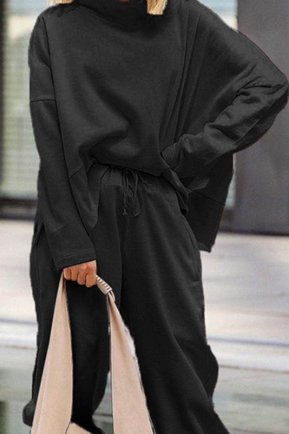 Mock Neck Drop Shoulder Top and Pants Set for Women - Selvanelle