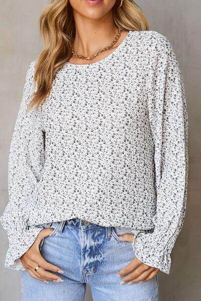 Printed Round Neck Flounce Sleeve Blouse for Women - Selvanelle