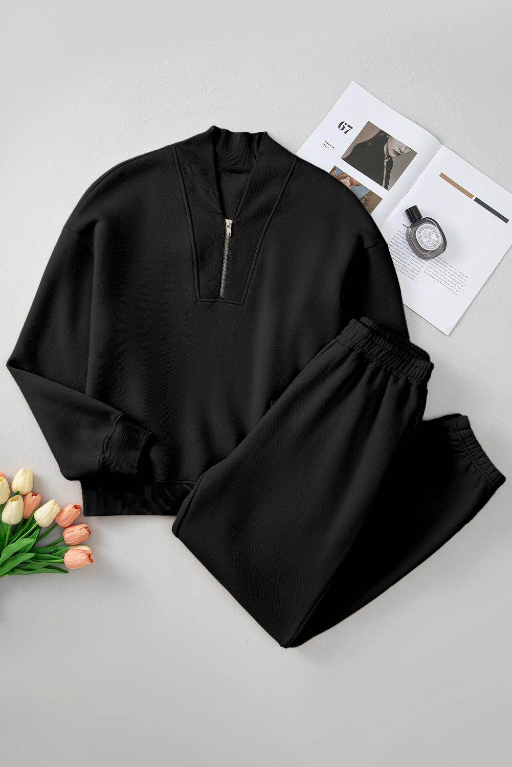 Quarter Zip Long Sleeve Top and Pants Set for Women - Selvanelle