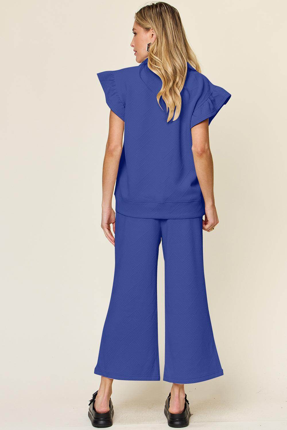 Double Take Texture Ruffle Short Sleeve Top and Pants Set - Selvanelle