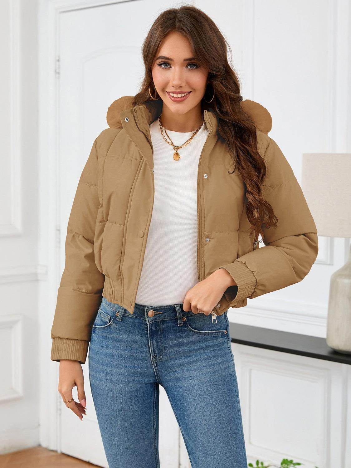 Pocketed Long Sleeve Cropped Hooded Winter Coat for Women - Selvanelle