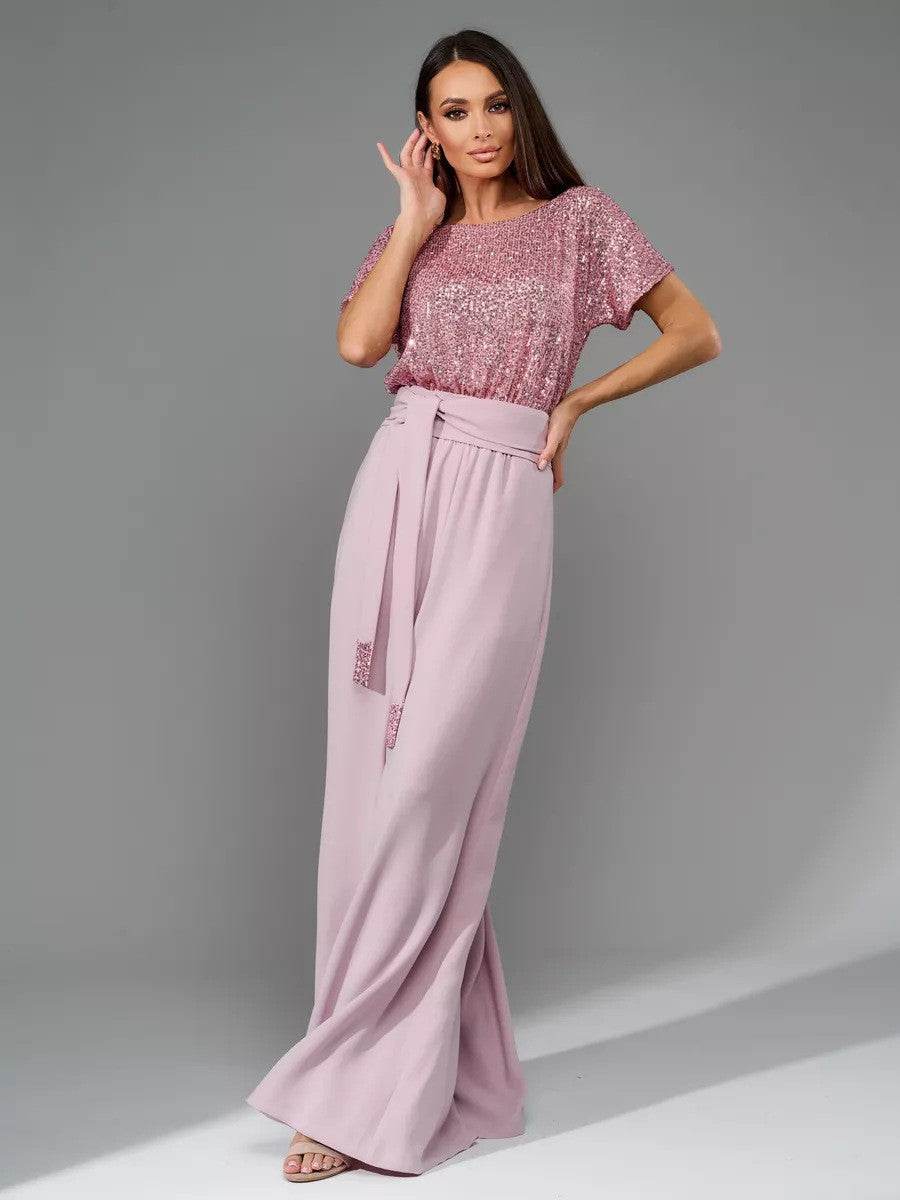Full Size Sequin Round Neck Short Sleeve Wide Leg Jumpsuit - Selvanelle