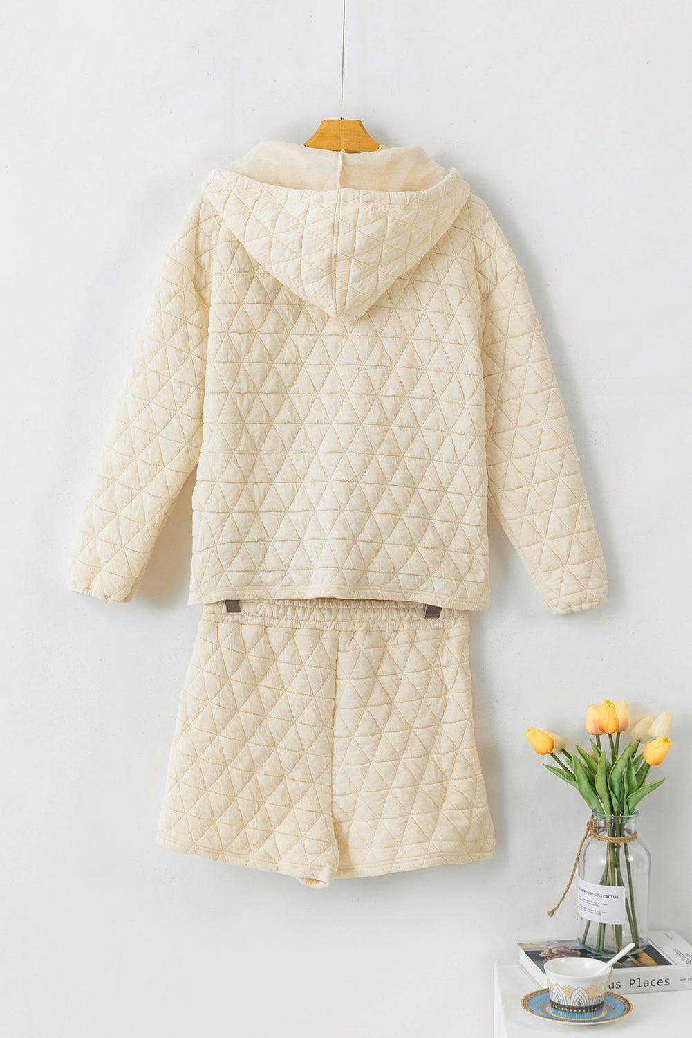 Drawstring Quilted Hooded Top and Shorts Set for Women - Selvanelle