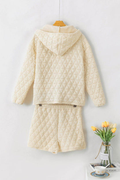 Drawstring Quilted Hooded Top and Shorts Set for Women - Selvanelle