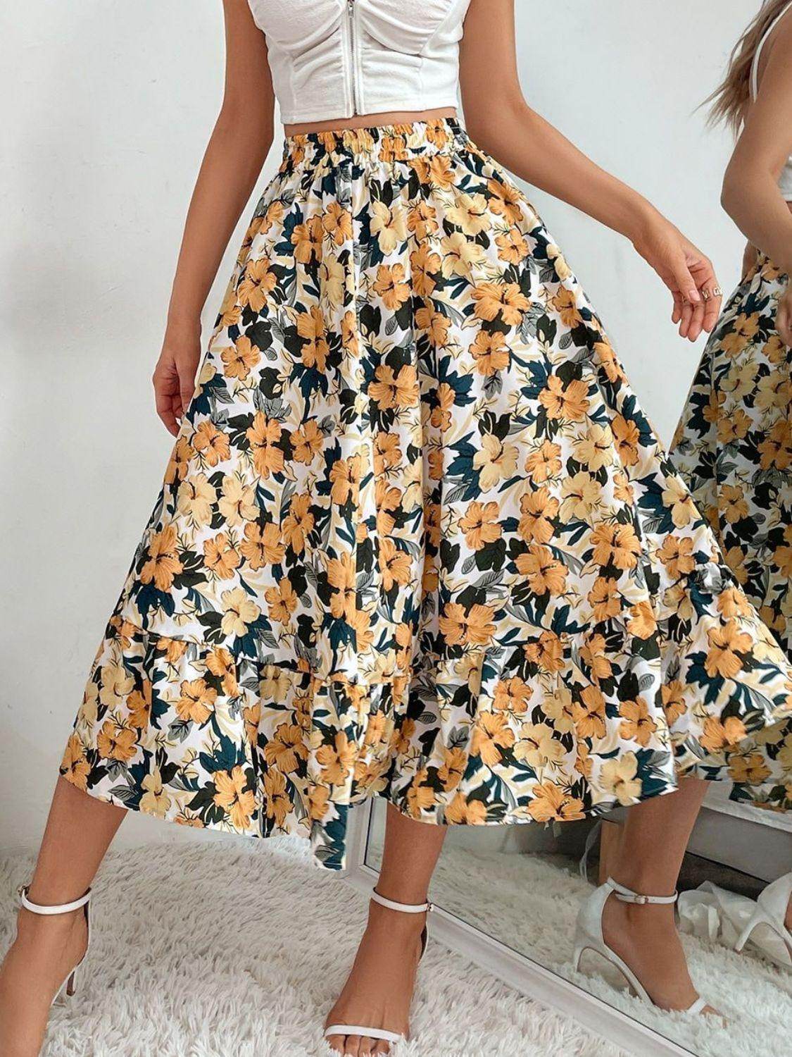 Stylish Printed Elastic Waist Midi Skirt for Everyday Wear - Selvanelle