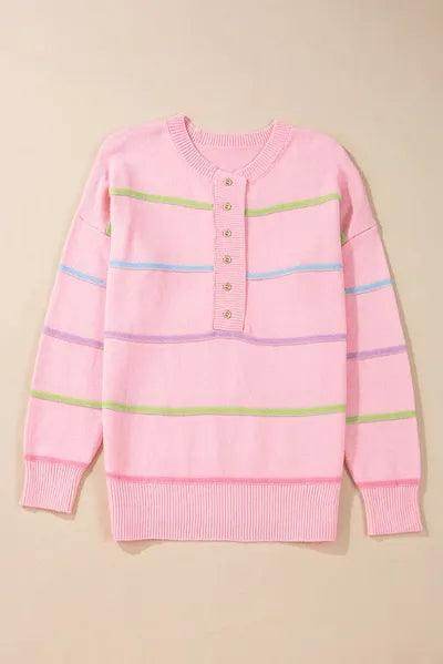Contrast Striped Half Button Round Neck Sweater for Women - Selvanelle