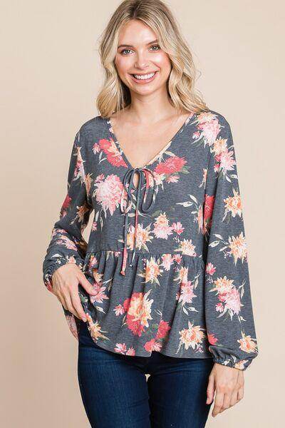 Super Lady Full Size Babydoll Floral Long Sleeve Blouse - Selvanelle