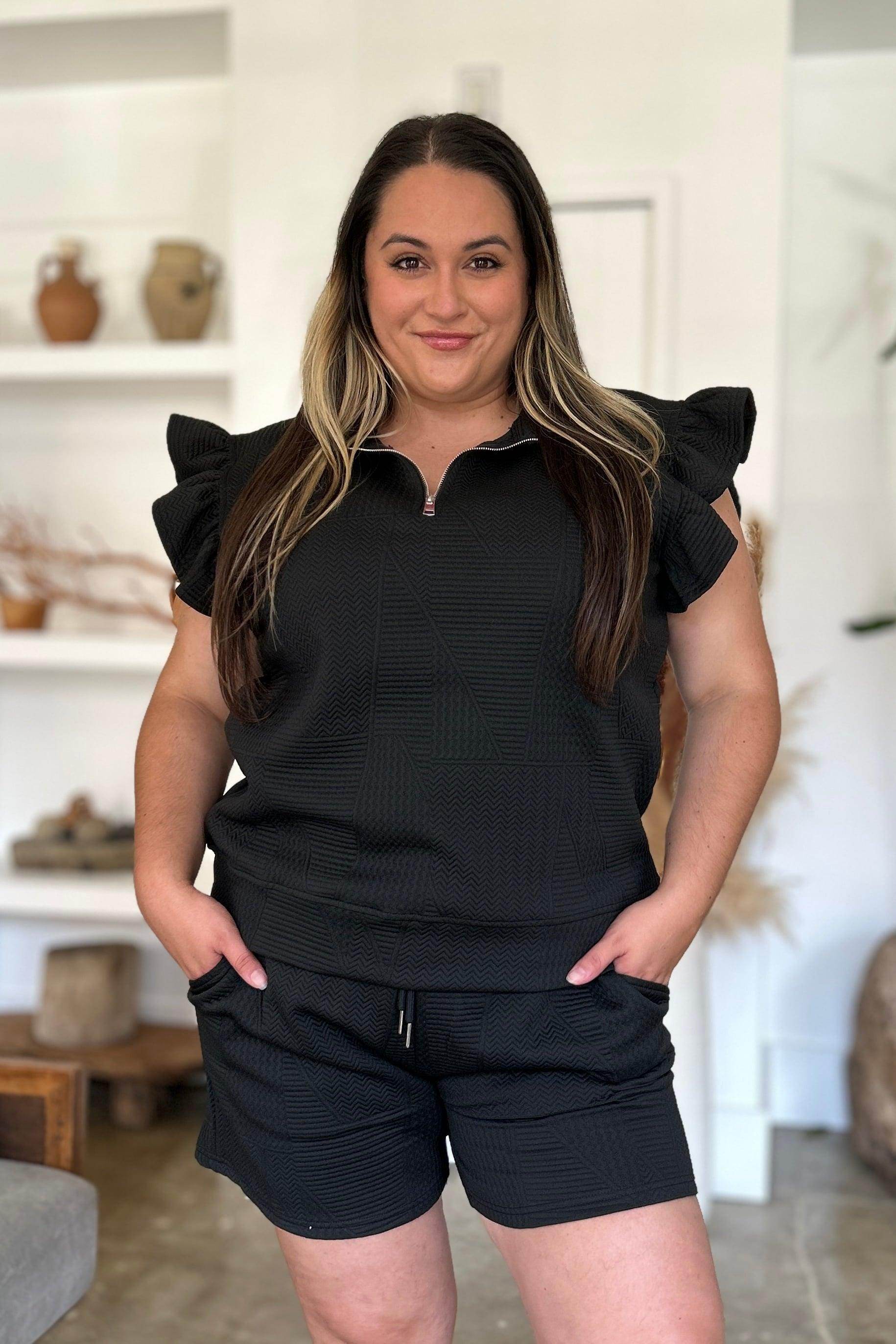 Double Take Full Size Texture Flounce Sleeve Top and Shorts Set - Selvanelle