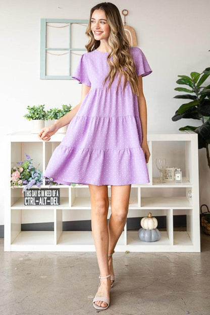 Heimish Full Size Swiss Dot Short Sleeve Tiered Dress - Selvanelle