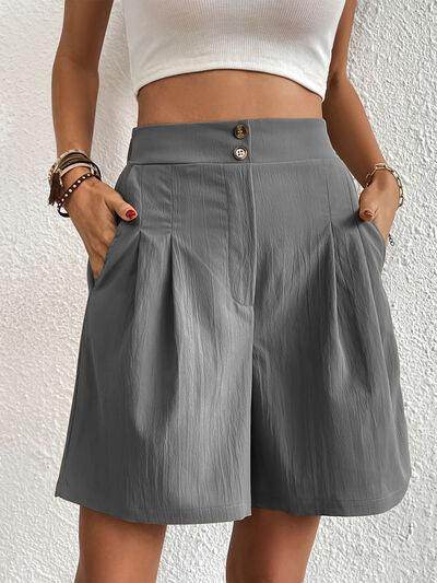 Pocketed Half Elastic Waist Shorts with Side Pockets - Selvanelle