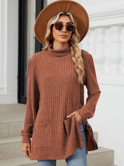 Slit Mock Neck Long Sleeve T-Shirt for Women with Pocket - Selvanelle