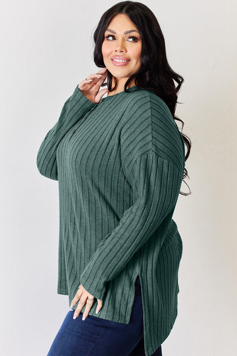 Basic Bae Full Size Ribbed Half Button Long Sleeve T-Shirt