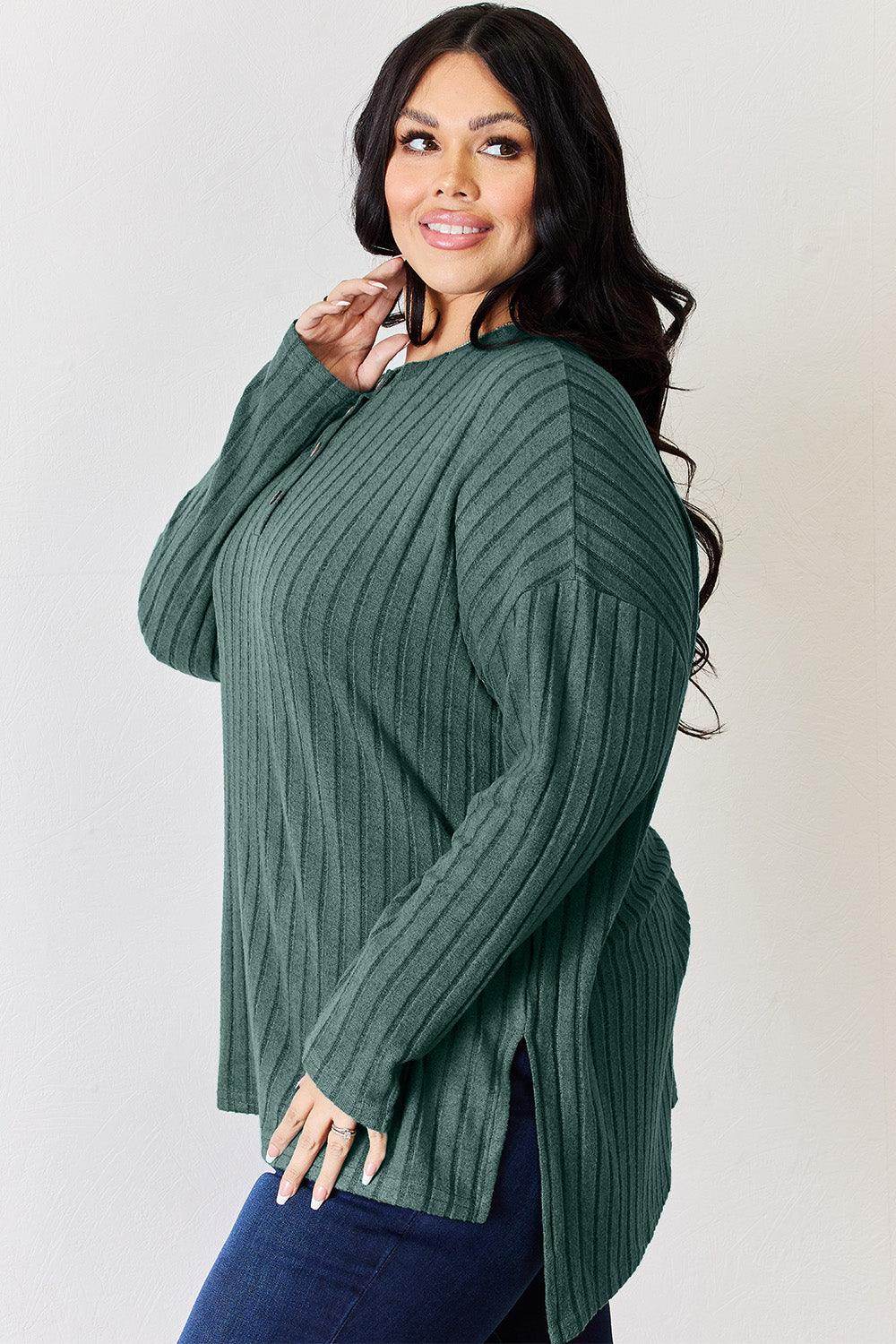 Basic Bae Full Size Ribbed Half Button Long Sleeve T-Shirt - Selvanelle