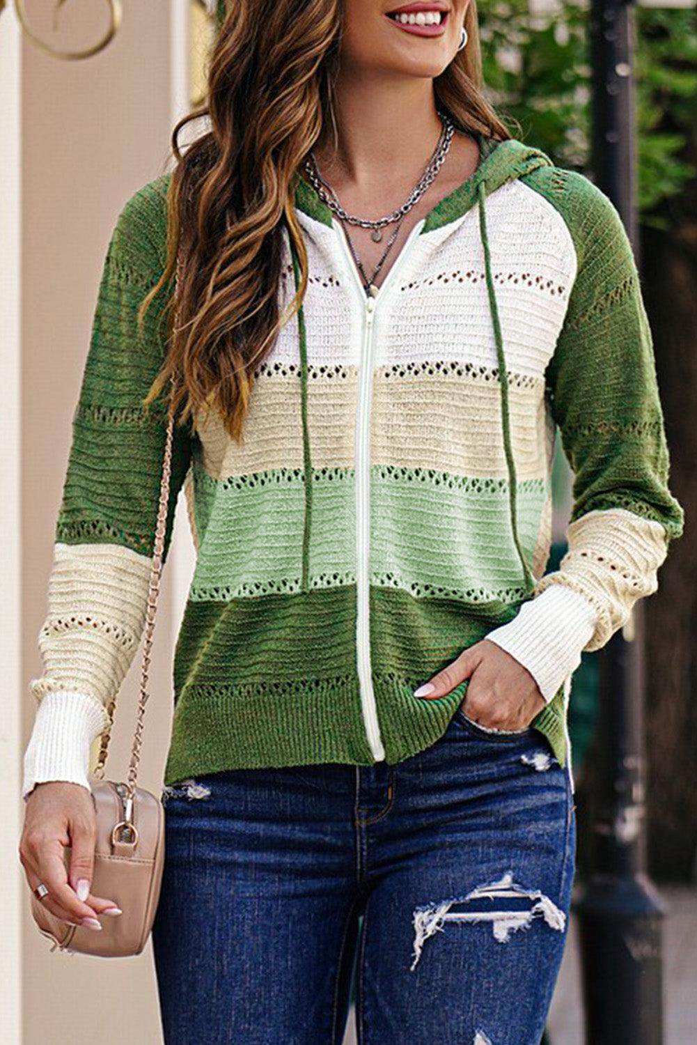 Zip-Up Raglan Sleeve Openwork Hooded Cardigan for Women - Selvanelle